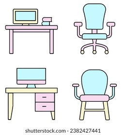 graphic illustrated Icon set desk with computer chair cute doll furniture vector
