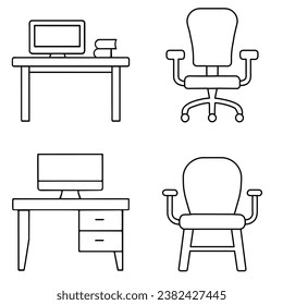 graphic illustrated Icon set office desk with computer chair furniture outline vector