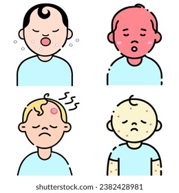 graphic illustrated Icon set sick kid belch fever temperature abscess bubonic head Injury