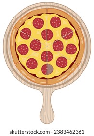 graphic illustrated Pepperoni whole pizza on wooden tray flat design vector