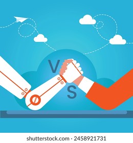 Graphic illustrating a concept of humankind competing against artificial intelligence; robot arm and human arm wrestling with each other, even matct; blue sky background with clouds and paper plane