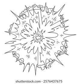 A graphic illustrating an explosion with dynamic burst effects and radiating shockwaves. The design features a circular blast surrounded by jagged spikes and cloud-like formations.