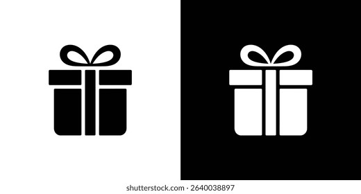 A graphic illustrating a gift box icon in black and white, set against contrasting background panels to enhance the visual clarity and design simplicity.