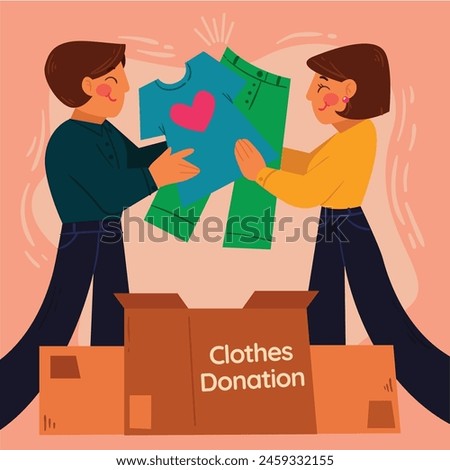 Graphic illustrating kindness with two characters packing a box of clothes for the goodwill charity, folding clothes into boxes for donation, against a pink background