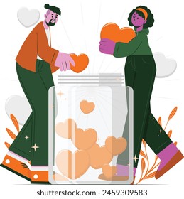 Graphic illustrating positivity and kindness with two people placing hearts and love into a jar with a white background and hearts in the sky