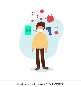Graphic illustration about Man using infrared thermometer, Medical equipments. Flat design
