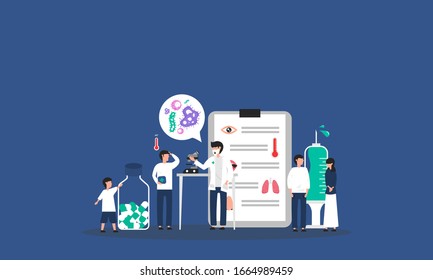 Graphic illustration about  Patient to sees a doctor, Hygiene, Medical. Flat design