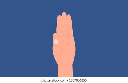 Graphic illustration about Three fingers salute on a blue background, Symbol of Defiance, Democracy, Protest. Flat design