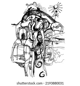 Graphic illustration. Abstract drawing of a female figure. For tarot cards.