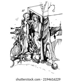 Graphic illustration. Abstract drawing of a female figure. For tarot cards.A mirror and a full-length man