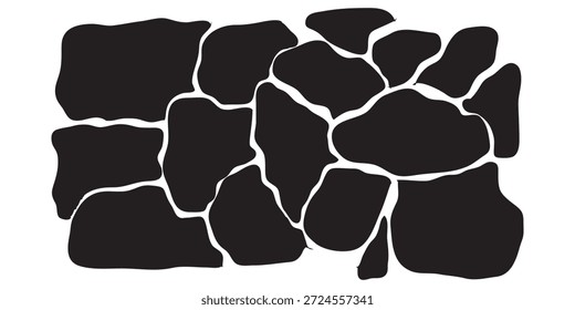 Eine grafische Illustration eines abstrakten Musters, das einem unregelmäßigen Steinpflaster oder Mosaik ähnelt und in schwarz-weiß für eine kühne, minimalistische Ästhetik gerendert wurde.