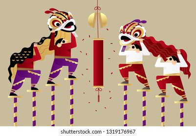 Graphic illustration of acrobatic Chinese lion dancing performance