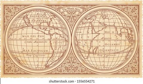 Graphic illustration of ancient atlas map of world with mystic symbols. Vintage or pirate adventures, treasure hunt and old transportation concept.