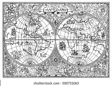 Graphic illustration of ancient atlas map of world with mystic symbols. Vintage or pirate adventures, treasure hunt and old transportation concept. Black and white doodle drawing for coloring book