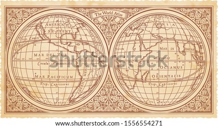 Graphic illustration of ancient atlas map of world with mystic symbols. Vintage or pirate adventures, treasure hunt and old transportation concept.