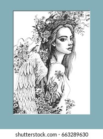 Graphic illustration "Angel with tattoo". Imitation engraving techniques. Vector.