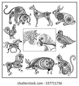 Graphic illustration of animals (pets). Suitable for invitation, flyer, sticker, poster, banner, card, label, cover, web. Vector set. Coloring book page.