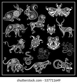 Graphic illustration of animals. Suitable for invitation, flyer, sticker, poster, banner, card, label, cover, web. Vector set (black and white).