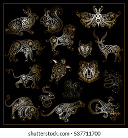 Graphic illustration of animals. Suitable for invitation, flyer, sticker, poster, banner, card, label, cover, web. Vector set.