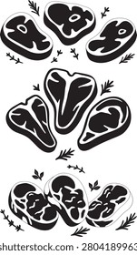 Graphic illustration of assorted raw meat cuts, including steaks and chops, with scattered herbs, in a clean black and white style, ideal for food designs.