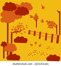 Graphic illustration of autumn leaves turning yellow and browning scattered on the road