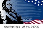 Graphic Illustration Background of Martin Luther King Jr. Day celebration, with American flag and Martin Luther silhouette theme, Copy Space Area. Suitable to be placed on content with that theme.