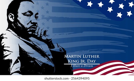 Graphic Illustration Background of Martin Luther King Jr. Day celebration, with American flag and Martin Luther silhouette theme, Copy Space Area. Suitable to be placed on content with that theme.