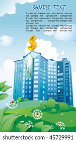 Graphic Illustration of Bank building with dollar symbol on sky background. Vector art of a business Skyscraper on summer Landscape. Modern corporate buildings.