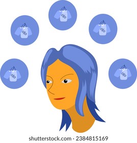 graphic illustration of a beautiful blue-haired girl who is happy because she only thinks there is a shopping discount, this vector is great for icons, banners, covers, logos, promos, and more