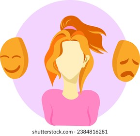 graphic illustration of a beautiful girl depicting a sad or happy face on white paper, this vector is great for banners, covers, logos, icons, backgrounds, and more