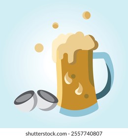 A graphic illustration of a beer mug with frothy foam, accompanied by two broken eggshells.  Simple, yet visually appealing design