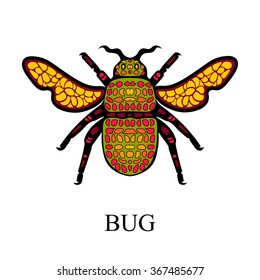 Graphic illustration with beetle in vector. Sketch with decorative bug and insect wings in vector. Illustration sketch in black color