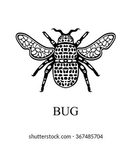 Graphic illustration with beetle in vector. Sketch with decorative bug and insect wings in vector. Illustration sketch in black color