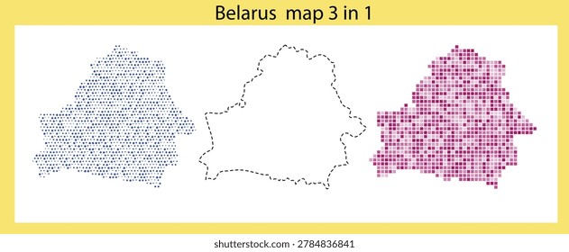 A graphic illustration of Belarus map in 3 different styles on a yellow background, blue dotted, pink dotted, and black outline