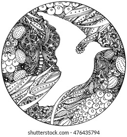 Graphic illustration bird silhouette surrounded by flowers, butterflies and berries. The round shape is suitable for decal application to plate or other design, vector, sketch, isolated on background.