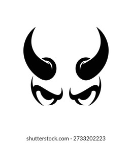 Una ilustración gráfica de cuernos negros del diablo y ojos amenazadores sobre un fondo blanco.
