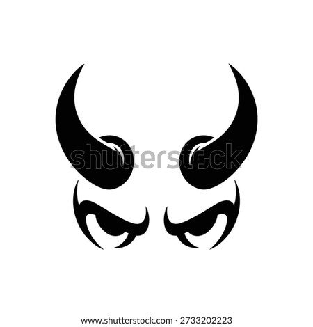 A graphic illustration of black devil horns and menacing eyes on a white background.