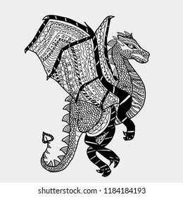 Graphic illustration of a black magic dragon. Postcard. Children book. Coloring page. Linear style