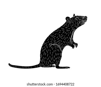 Graphic illustration of a black silhouette of a realistic rat standing on its hind legs in isolate on a white background. Vector illustration