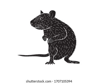 Graphic illustration of a black silhouette of a realistic rat standing on its hind legs in isolate on a white background. Vector illustration