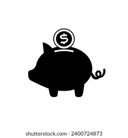 graphic illustration of a black and white piggy bank with dollar bills on it, this vector is great for icons, banners, covers, logos, flyers,