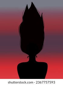 A graphic illustration of a black woman with slightly curly hair lifted, with a sunset background.