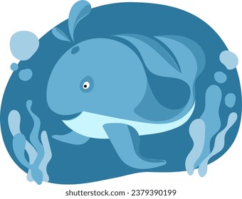 graphic illustration of a blue whale playing next to seaweed, this vector is great for a brand, logo, book image, children's drawing and others.