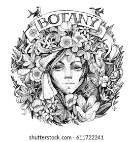 Graphic illustration "Botany". Imitation engraving techniques. Vector.