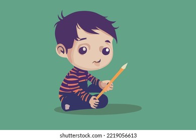Graphic illustration, boy sitting and sad, boy holding a pencil