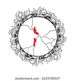 Graphic illustration of a broken mirror in patterns. Line art