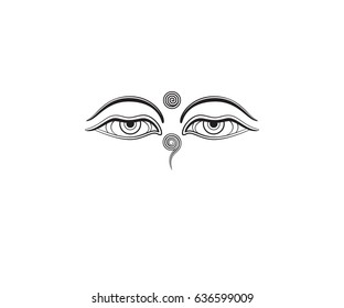 Graphic illustration of buddha's eyes. Black and white stencil.