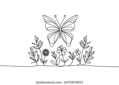 graphic illustration of a butterfly in one line. line drawing