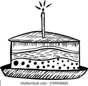 Graphic illustration of the cake. A piece of birthday cake with a candle in black and white. Minimalistic graphics, a piece of cake with patterns