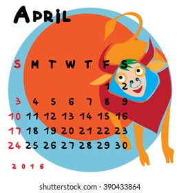 Graphic illustration of the calendar of April 2016 with original hand drawn text and colored clip art of Taurus zodiac sign
